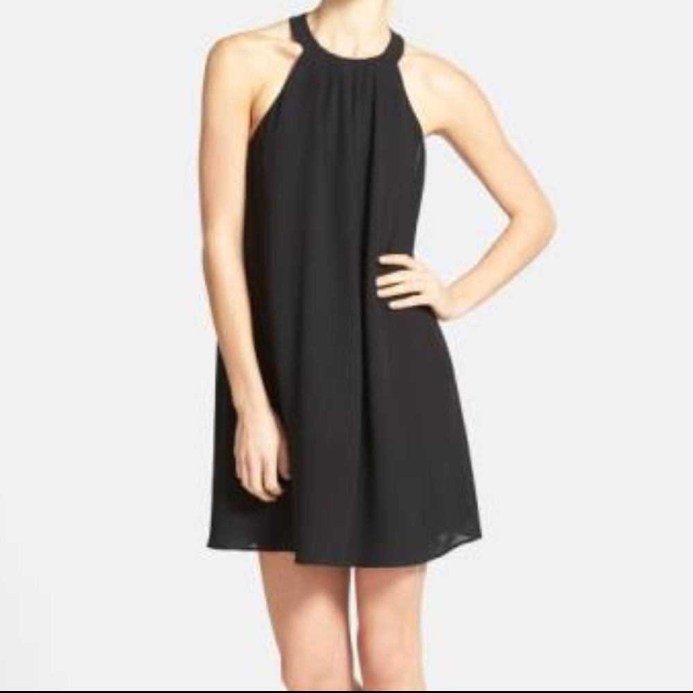 ASTR NWT womens S black sleeveless pleated high neck keyhole trapeze shift dress